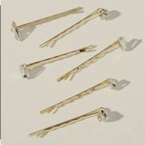 Anthropologie Set of 6 Gold Tone Crystal Hair Bobby Pins Set NWT